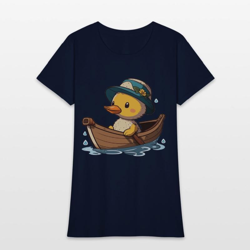 Cute duck in rowboat with summer hat and flower