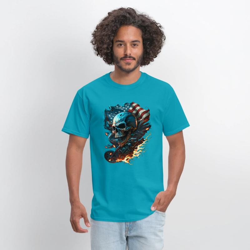 Skull on the American flag, fiery motorcycle.