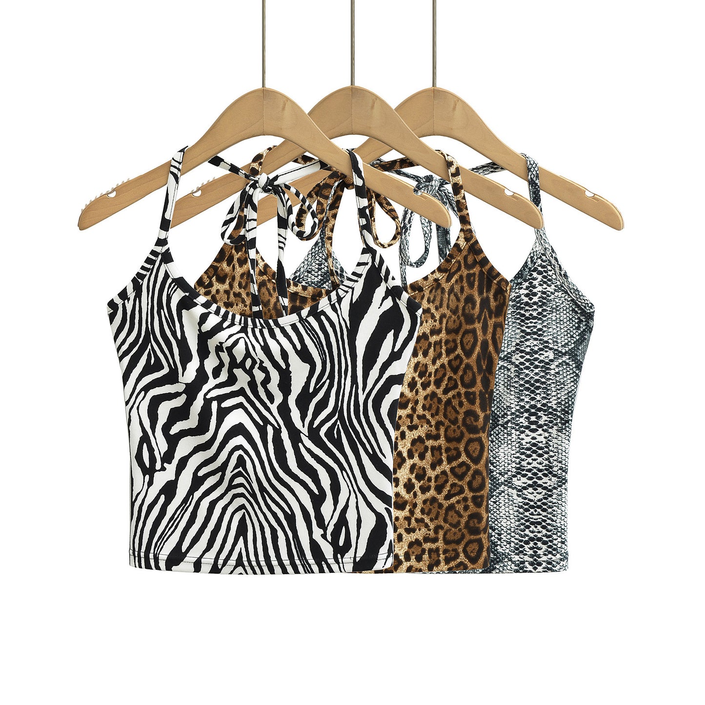 Two piece leopard print halter top+drawstring low waisted shorts