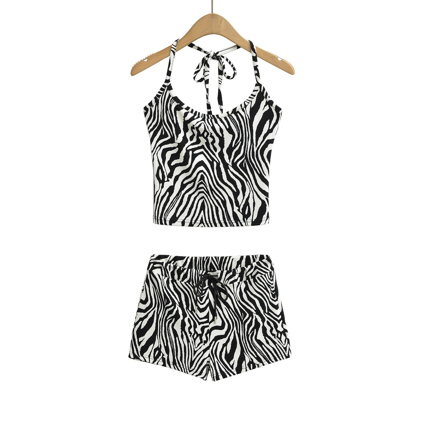 Two piece leopard print halter top+drawstring low waisted shorts