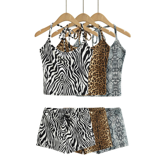 Two piece leopard print halter top+drawstring low waisted shorts