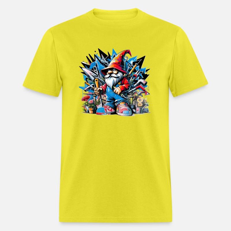 Colorful, lively garden gnome surrounded by tools