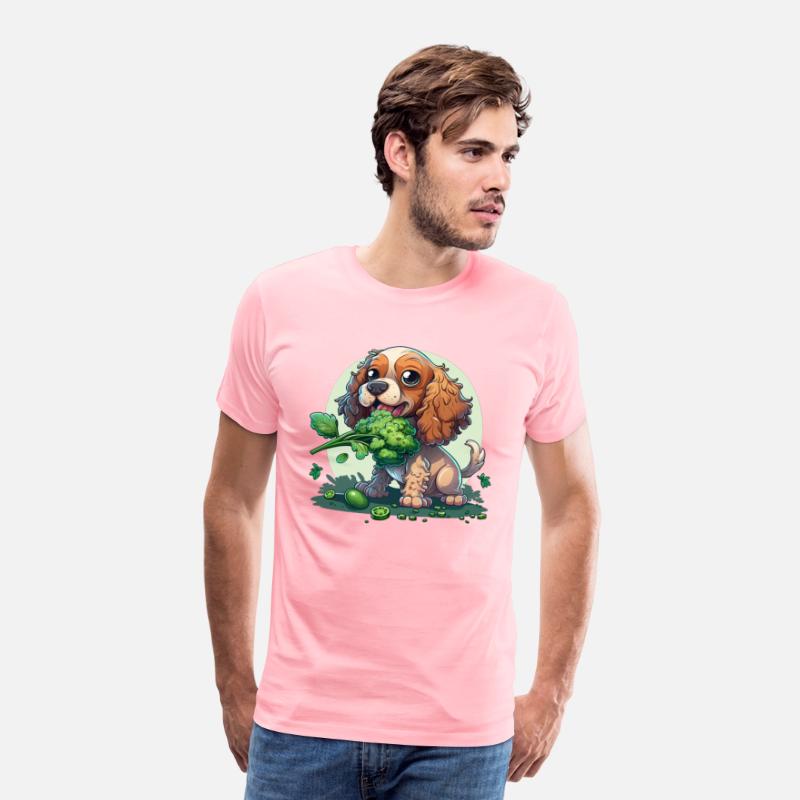 Cute dog eats broccoli vegetable