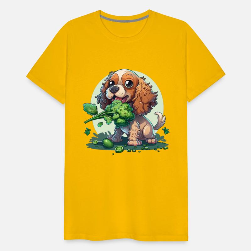 Cute dog eats broccoli vegetable