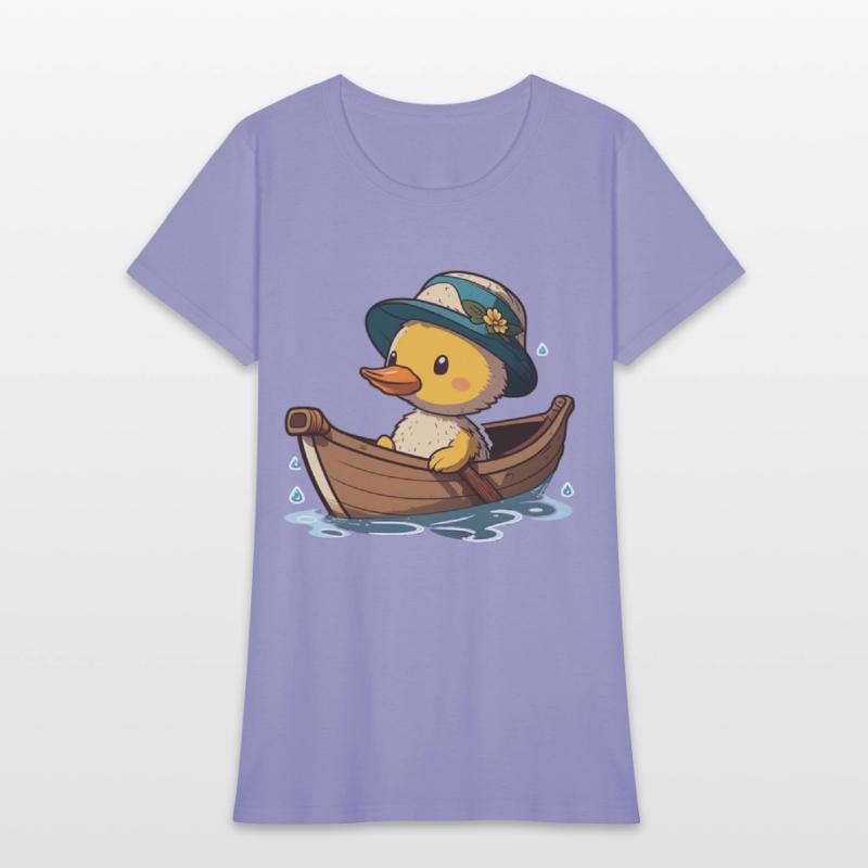 Cute duck in rowboat with summer hat and flower