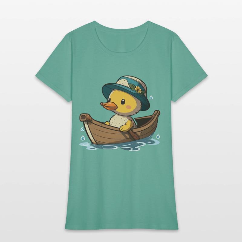 Cute duck in rowboat with summer hat and flower