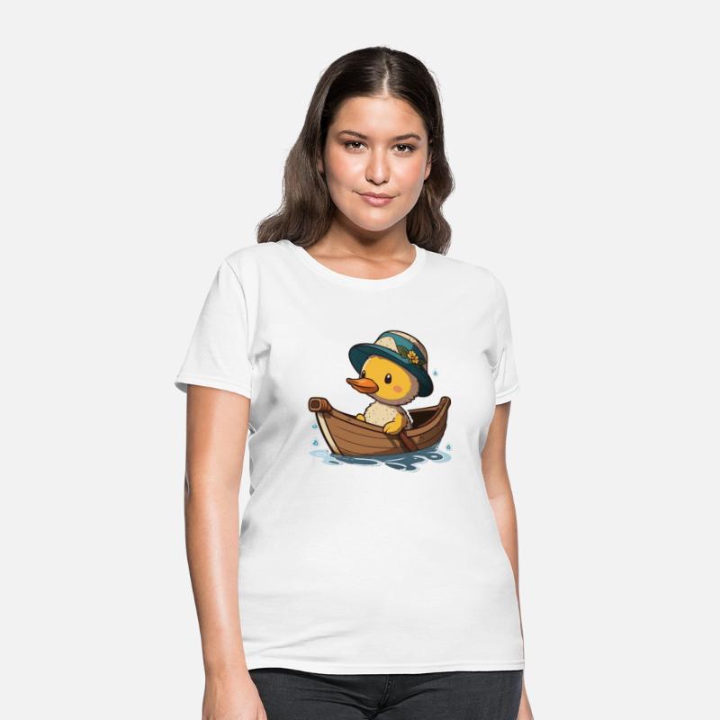 Cute duck in rowboat with summer hat and flower