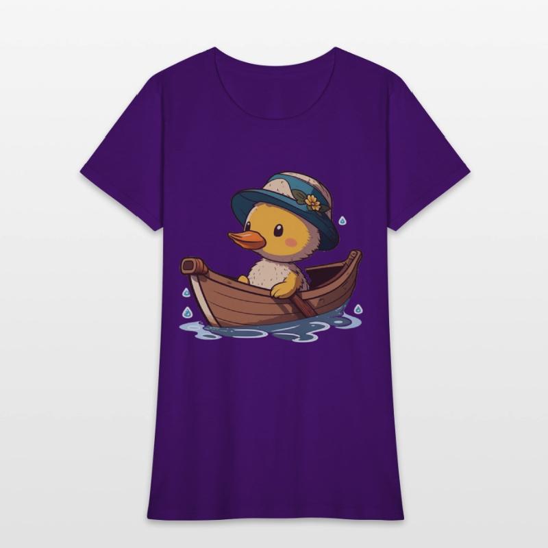 Cute duck in rowboat with summer hat and flower