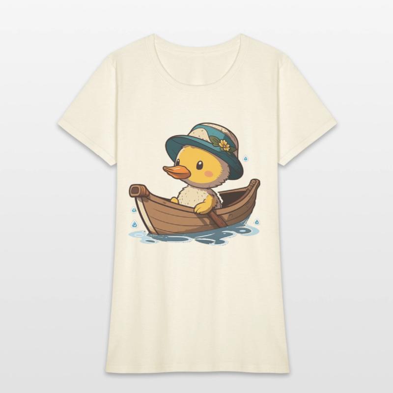 Cute duck in rowboat with summer hat and flower