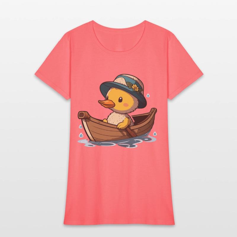 Cute duck in rowboat with summer hat and flower