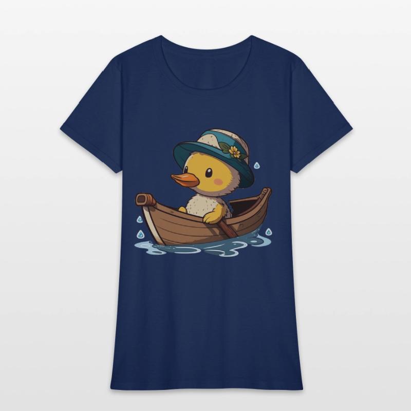 Cute duck in rowboat with summer hat and flower
