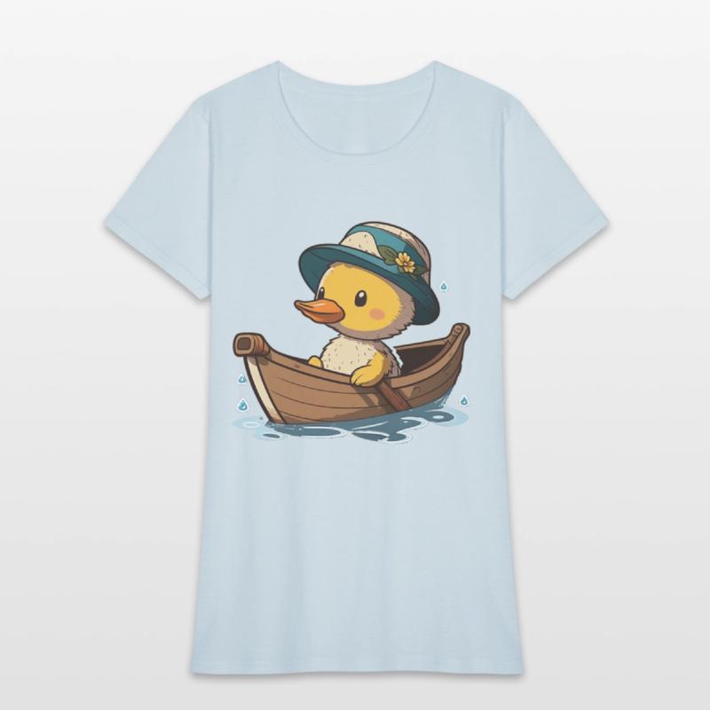 Cute duck in rowboat with summer hat and flower