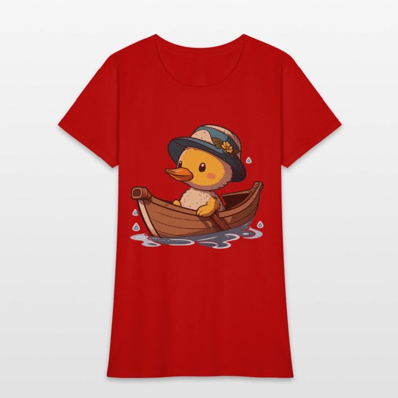 Cute duck in rowboat with summer hat and flower