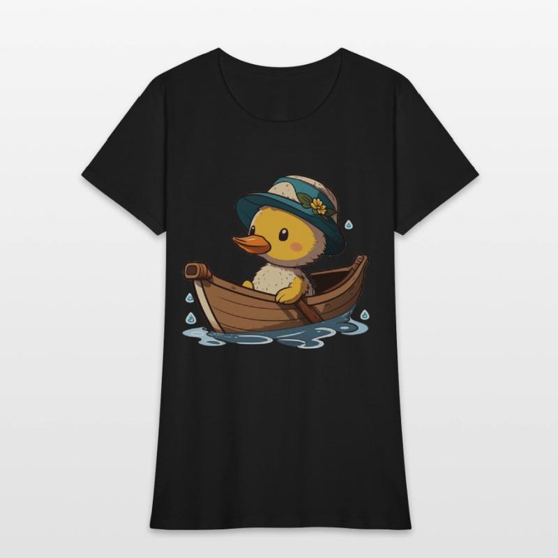 Cute duck in rowboat with summer hat and flower