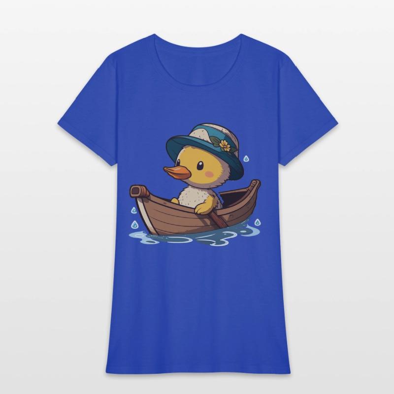 Cute duck in rowboat with summer hat and flower