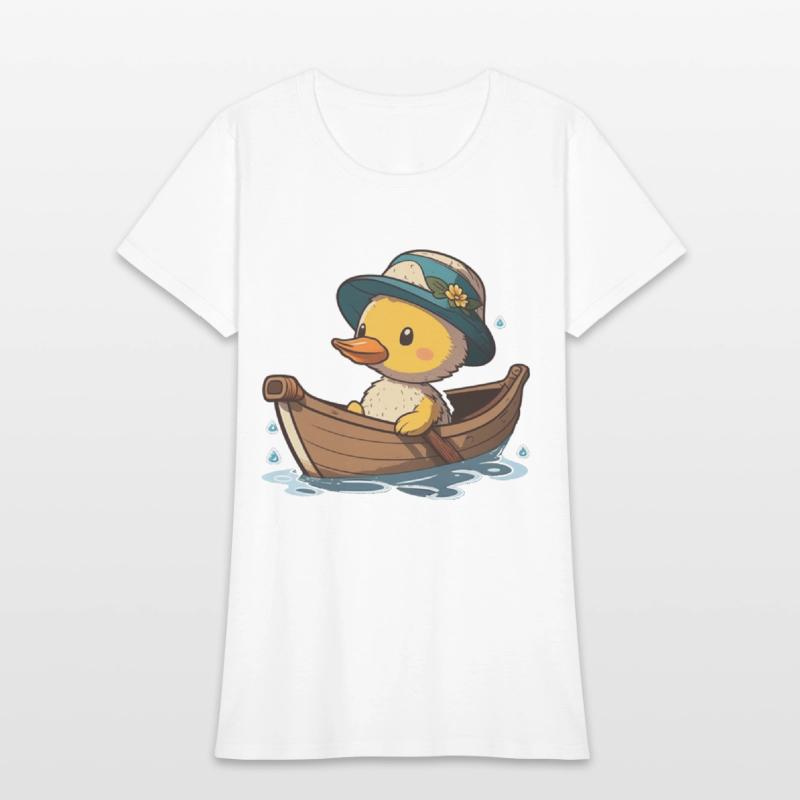 Cute duck in rowboat with summer hat and flower