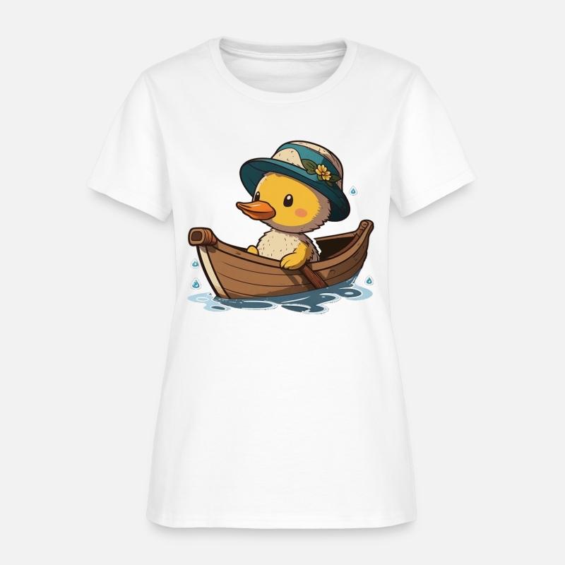 Cute duck in rowboat with summer hat and flower