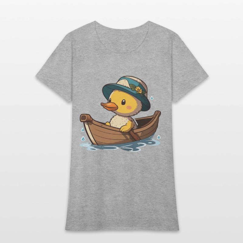 Cute duck in rowboat with summer hat and flower