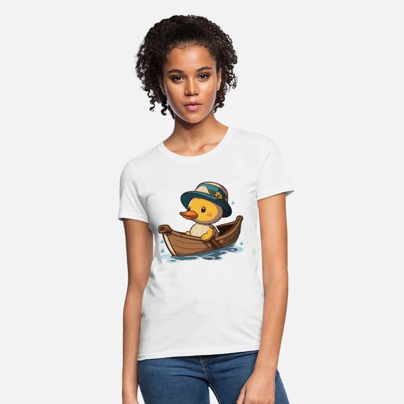 Cute duck in rowboat with summer hat and flower