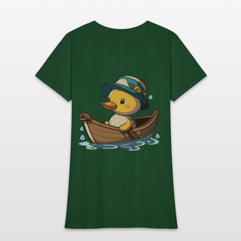 Cute duck in rowboat with summer hat and flower