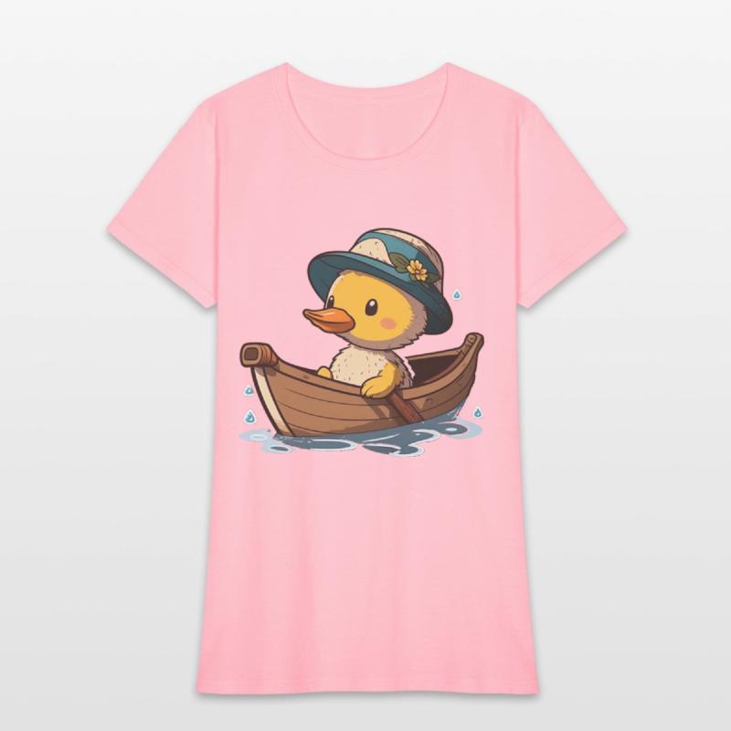 Cute duck in rowboat with summer hat and flower