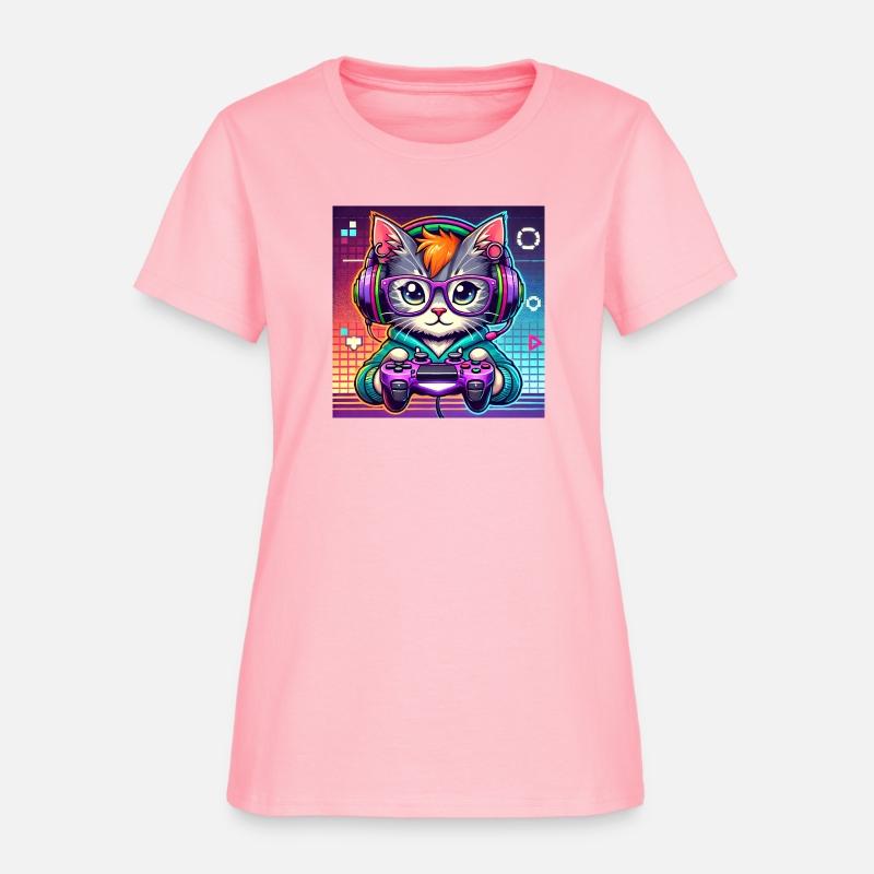 Gamer Cat – Neon Cartoon Cat Playing Video Games.