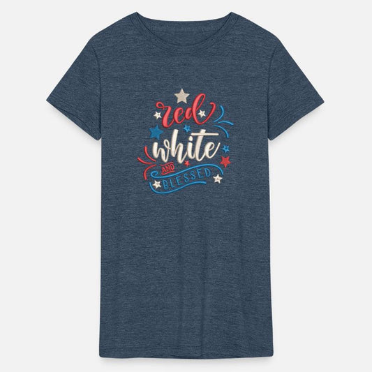 Red White And Blessed Embroidery Effect