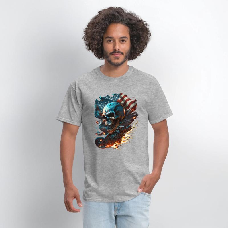 Skull on the American flag, fiery motorcycle.