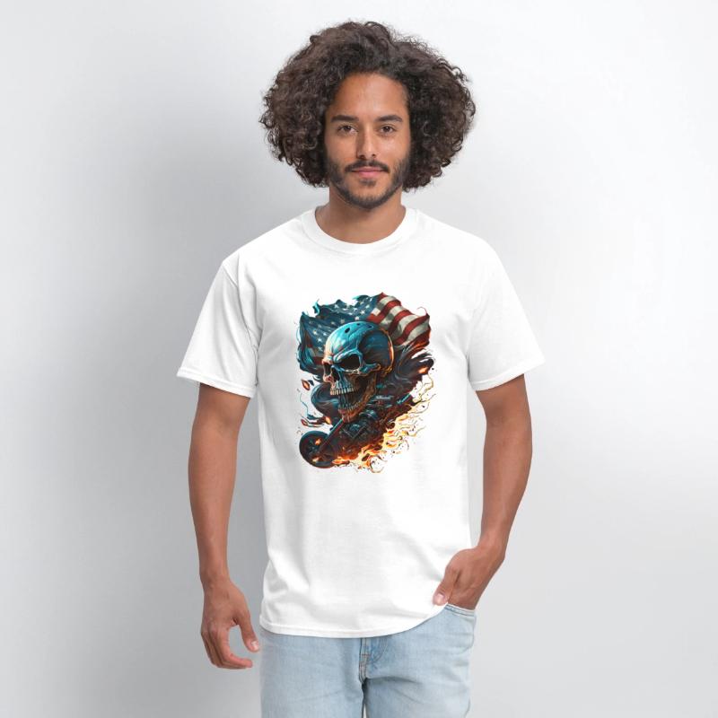 Skull on the American flag, fiery motorcycle.