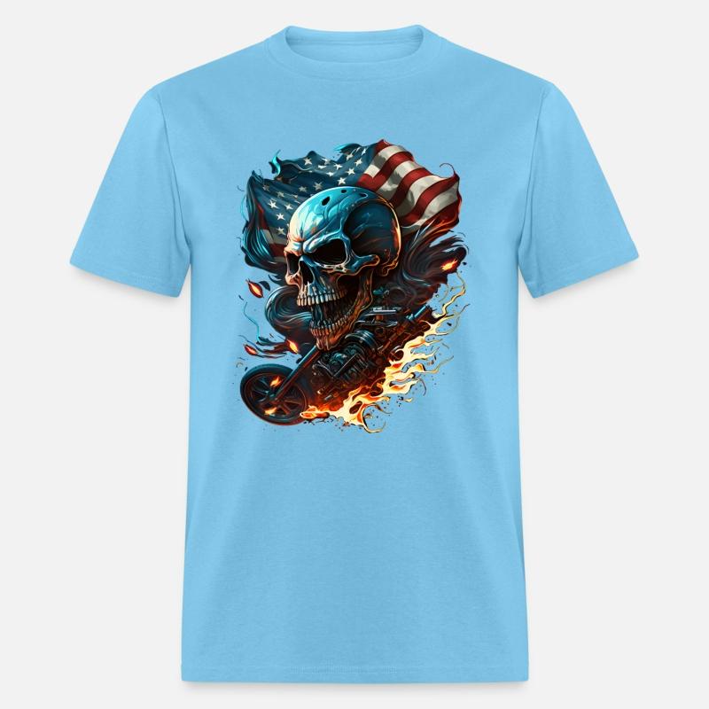 Skull on the American flag, fiery motorcycle.
