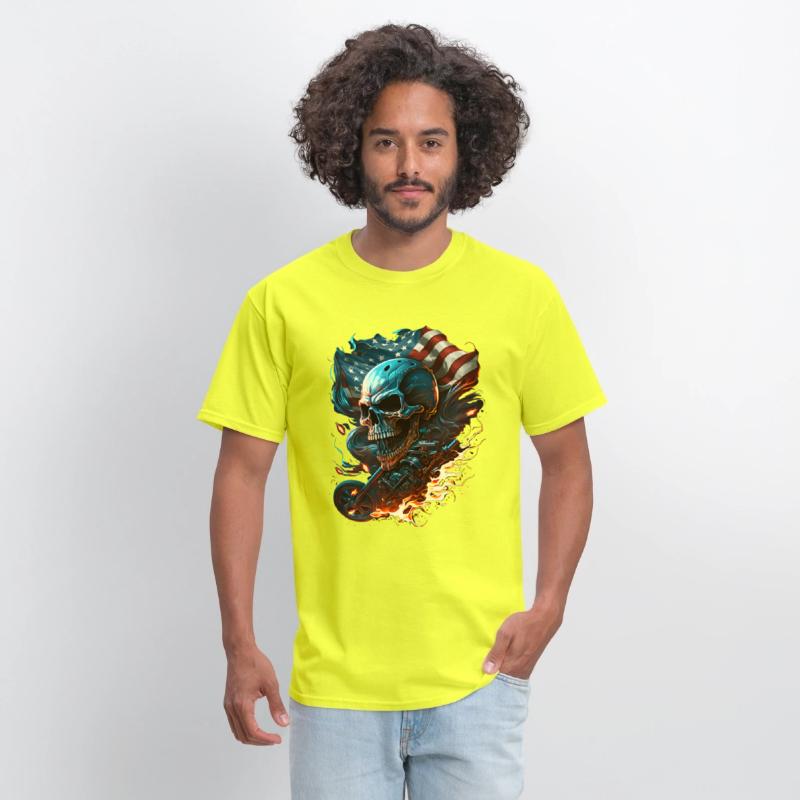 Skull on the American flag, fiery motorcycle.