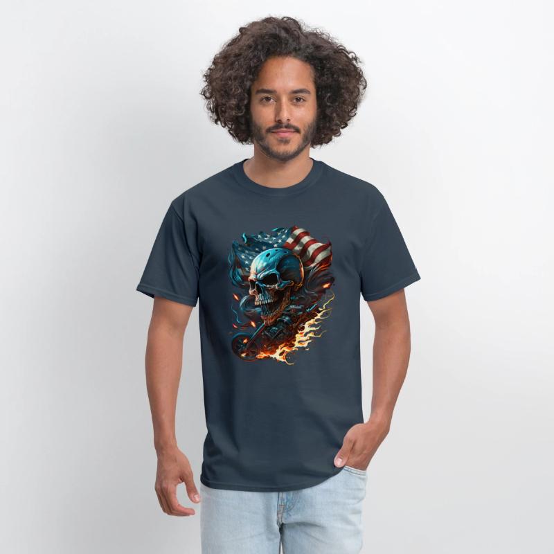 Skull on the American flag, fiery motorcycle.