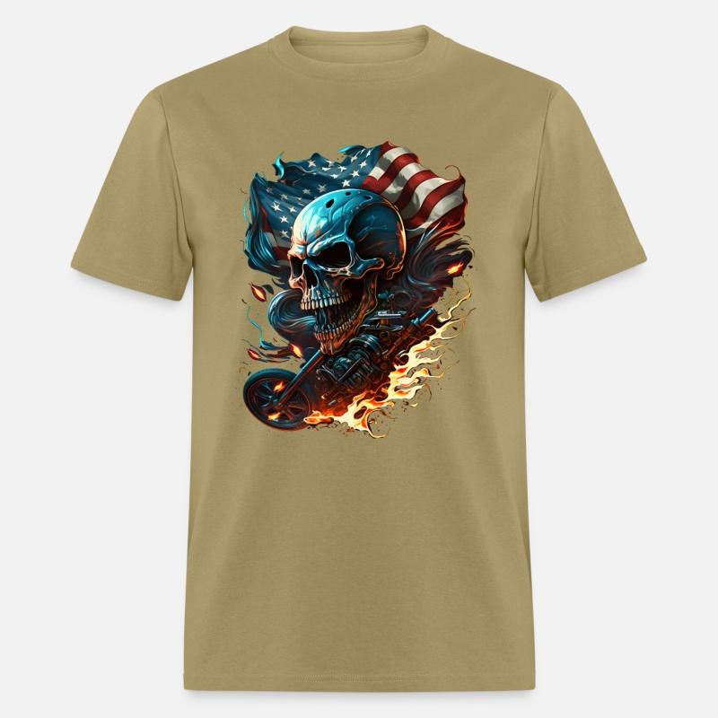 Skull on the American flag, fiery motorcycle.