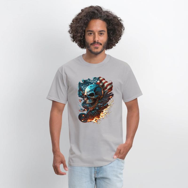 Skull on the American flag, fiery motorcycle.