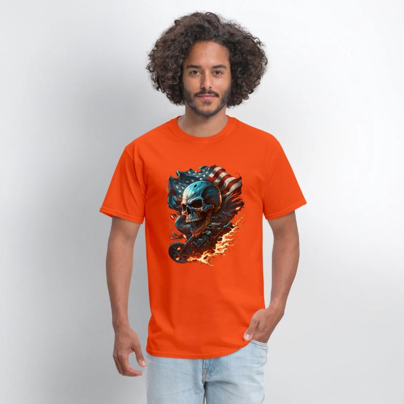 Skull on the American flag, fiery motorcycle.