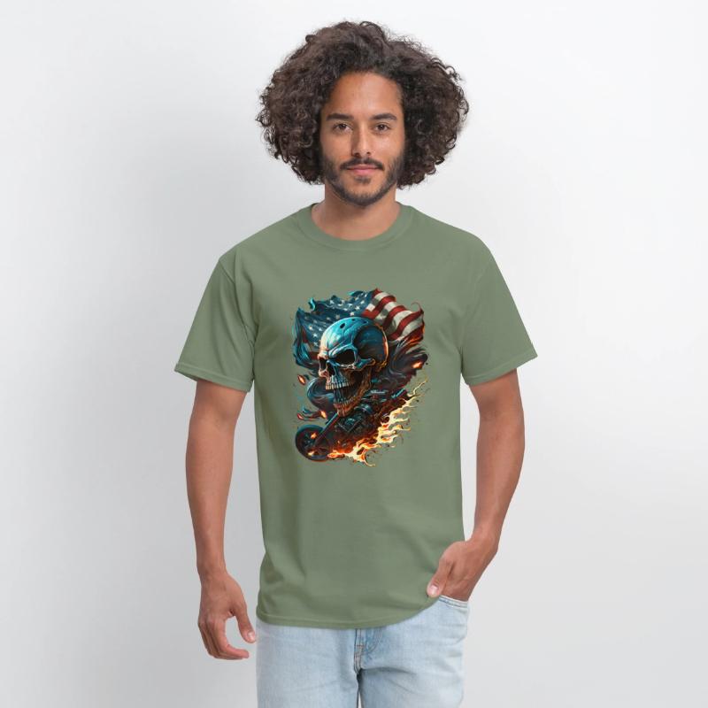 Skull on the American flag, fiery motorcycle.