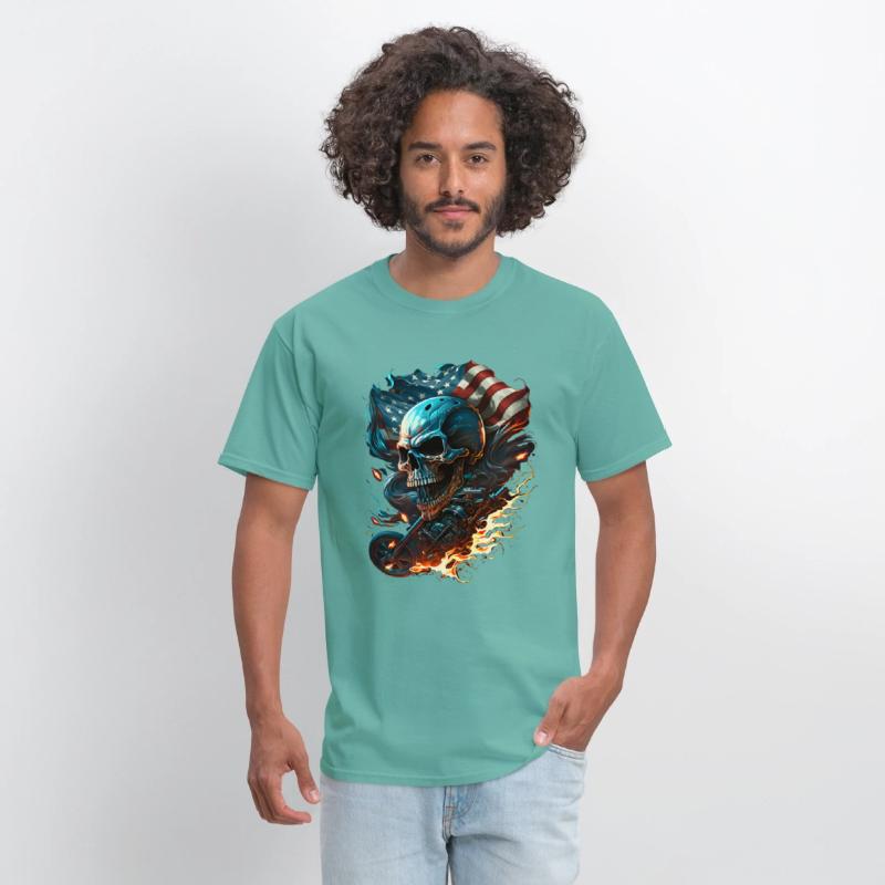 Skull on the American flag, fiery motorcycle.