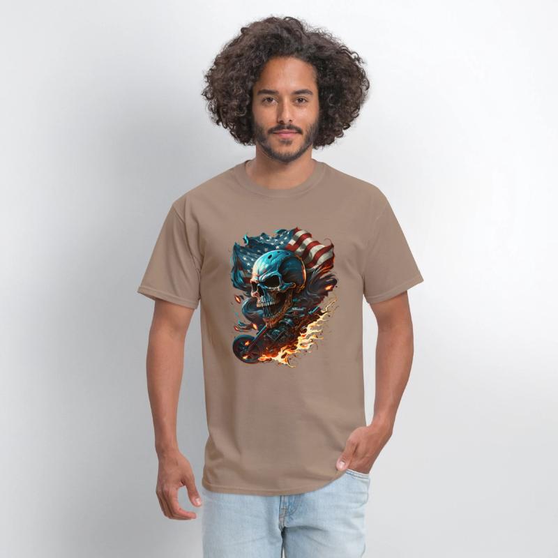 Skull on the American flag, fiery motorcycle.