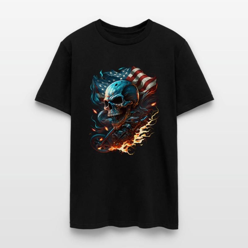 Skull on the American flag, fiery motorcycle.