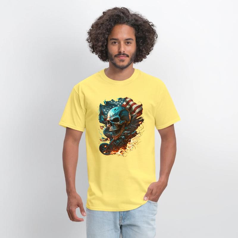 Skull on the American flag, fiery motorcycle.