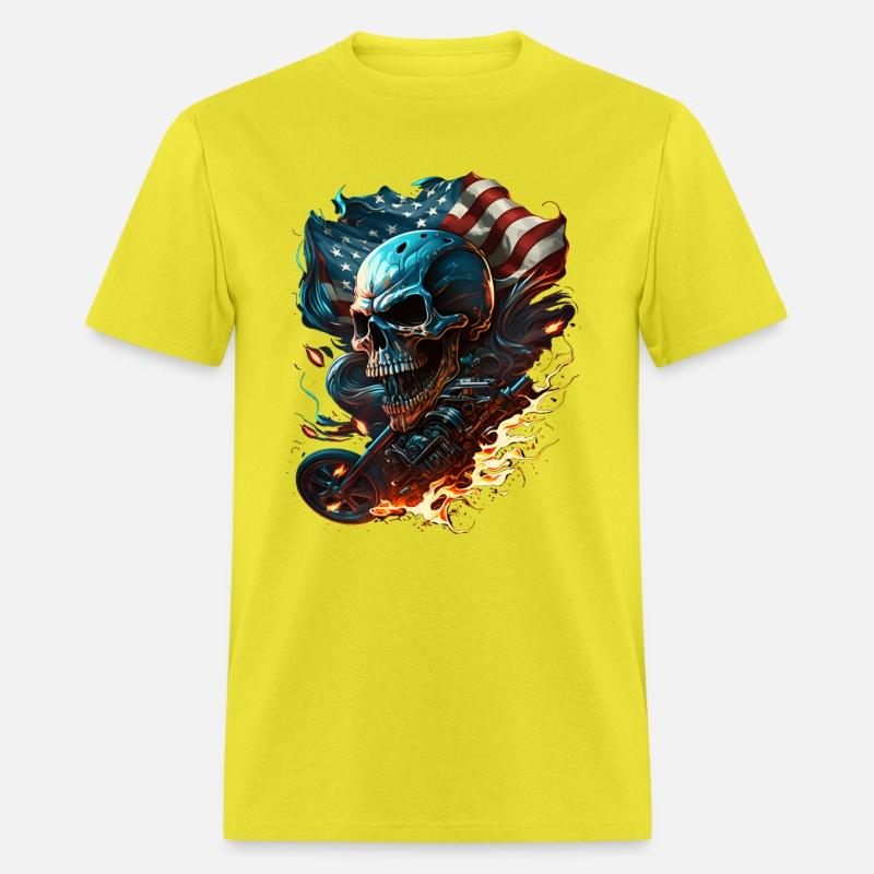Skull on the American flag, fiery motorcycle.