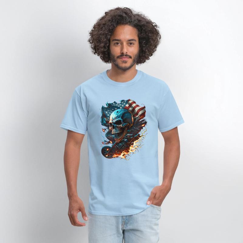 Skull on the American flag, fiery motorcycle.