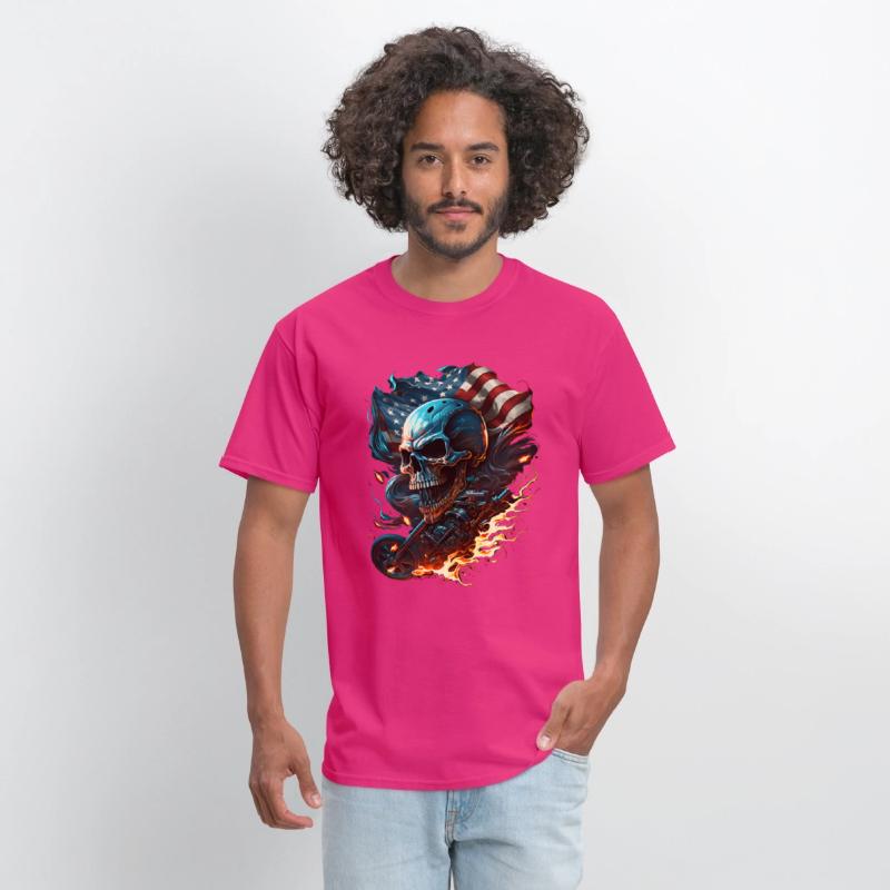 Skull on the American flag, fiery motorcycle.