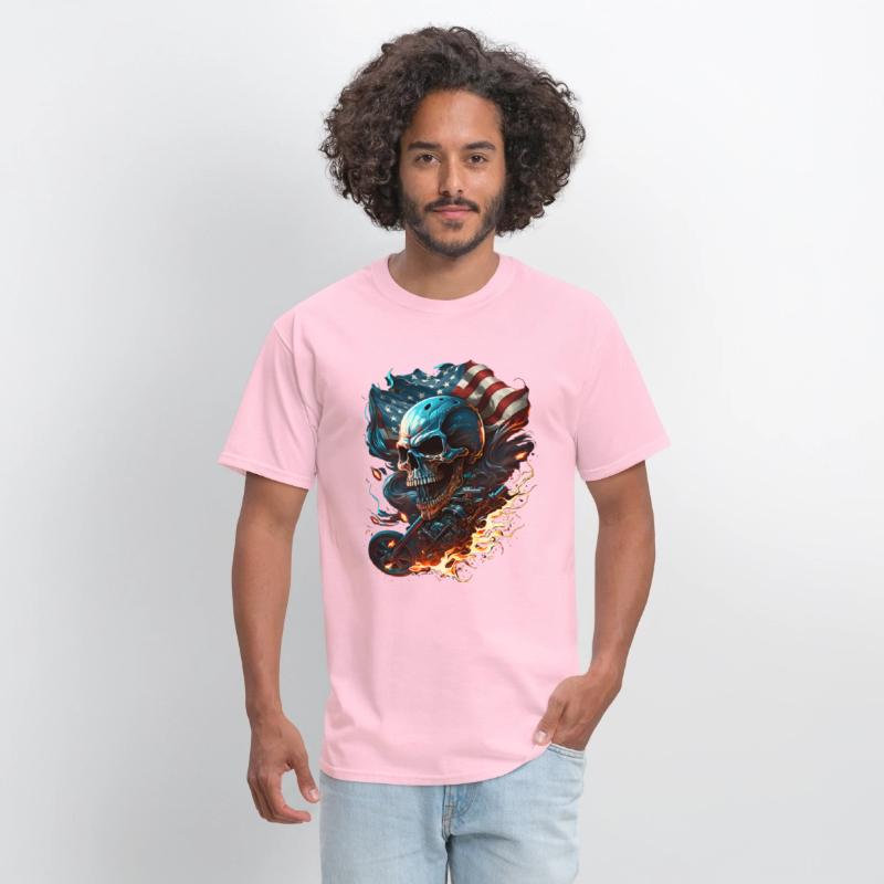 Skull on the American flag, fiery motorcycle.