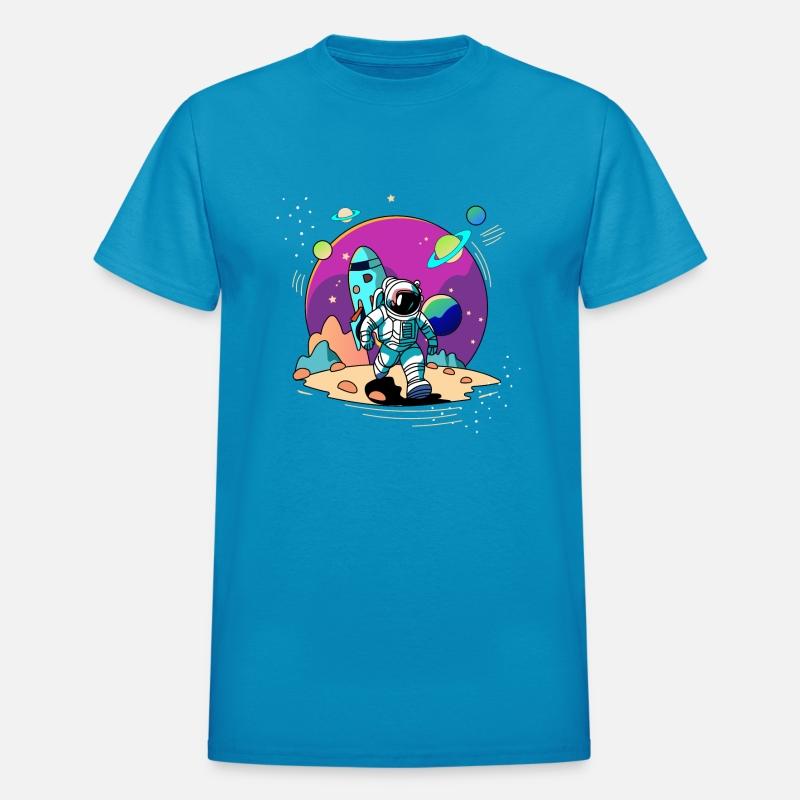 Space astronaut walking in alien planet and rocket